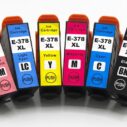 Zes inktcartridges E-378 XL, inclusief Light Magenta, Light Cyan, Geel, Magenta, Cyan en Zwart, compatibel met verschillende printermodellen.