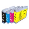 Zwarte, cyan, magenta en gele inktcartridges XL compatibel met Brother LC-10Y, LC-37Y, LC-51Y, LC-57Y, LC-960Y, LC-970Y en LC-1000Y.